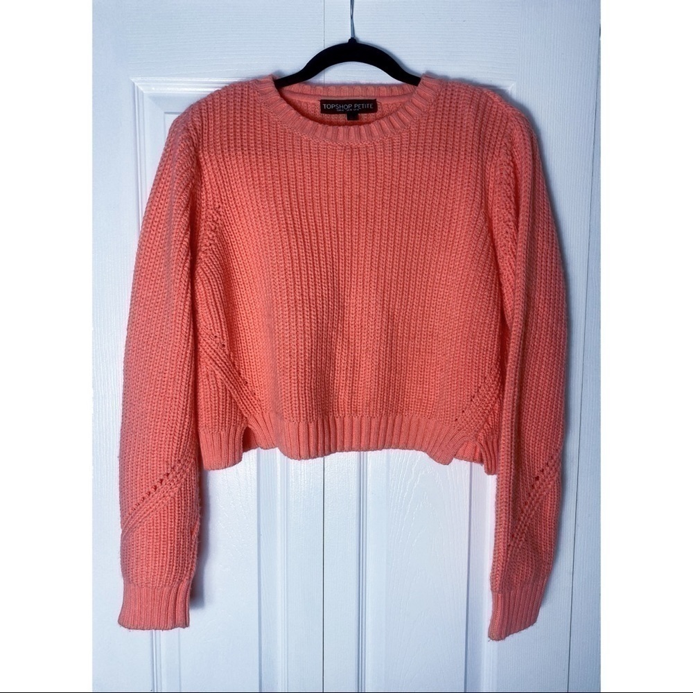 Topshop Petite Neon Peach Cropped Knit Crew Neck Sweater Size 10 Large